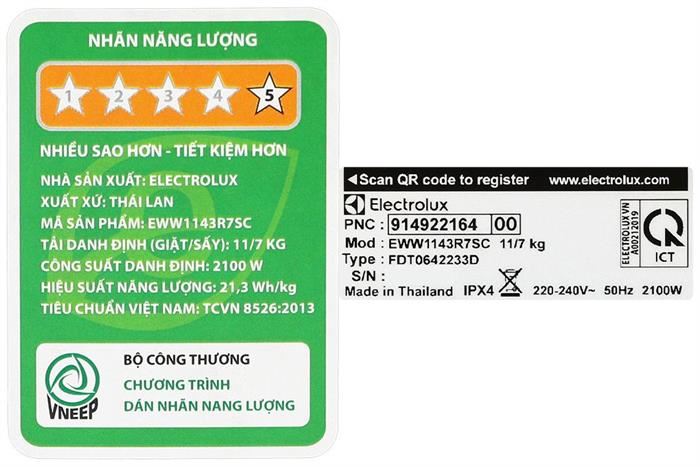 Máy giặt sấy Electrolux UltimateCare 700 Inverter giặt 11 kg - sấy 7 kg EWW1143R7SC